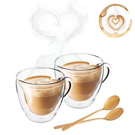 Set of 2pcs high borosilicate glass 250ml + 2 golden spoons